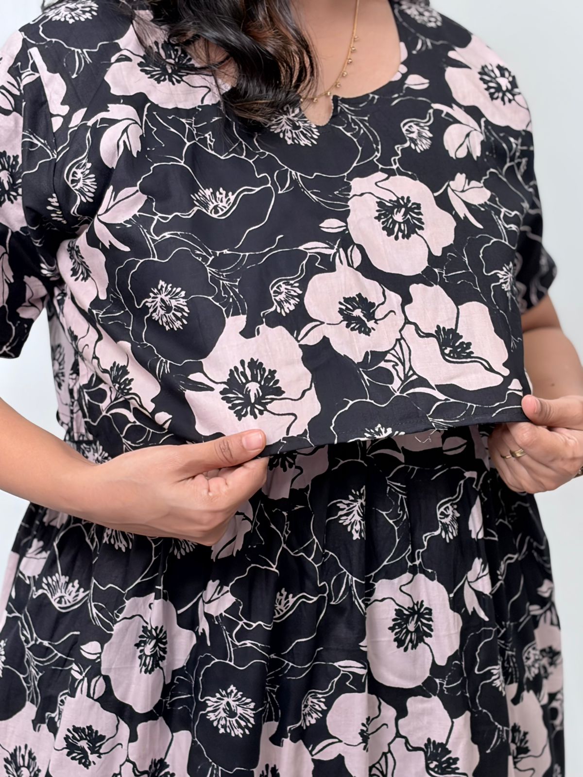 Black Floral Printed Premium Cotton Buttonless Zipless Short Maternity Nighty | Free Size | Chest Width 44″| Length 46″