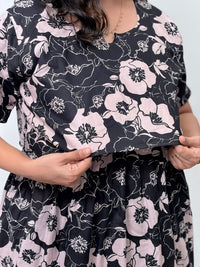 Black Floral Printed Premium Cotton Buttonless Zipless Short Maternity Nighty | Free Size | Chest Width 44″| Length 46″