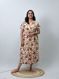 Pink Floral Printed Ivory Premium Cotton Buttonless Zipless Short Maternity Nighty | Free Size | Chest Width 44″| Length 46″