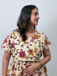 Pink Floral Printed Ivory Premium Cotton Buttonless Zipless Short Maternity Nighty | Free Size | Chest Width 44″| Length 46″