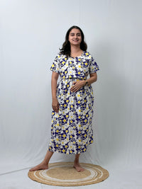 Violet And White Floral Printed Premium Cotton Buttonless Zipless Short Maternity Nighty | Free Size | Chest Width 44″| Length 46″