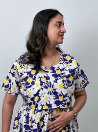 Violet And White Floral Printed Premium Cotton Buttonless Zipless Short Maternity Nighty | Free Size | Chest Width 44″| Length 46″