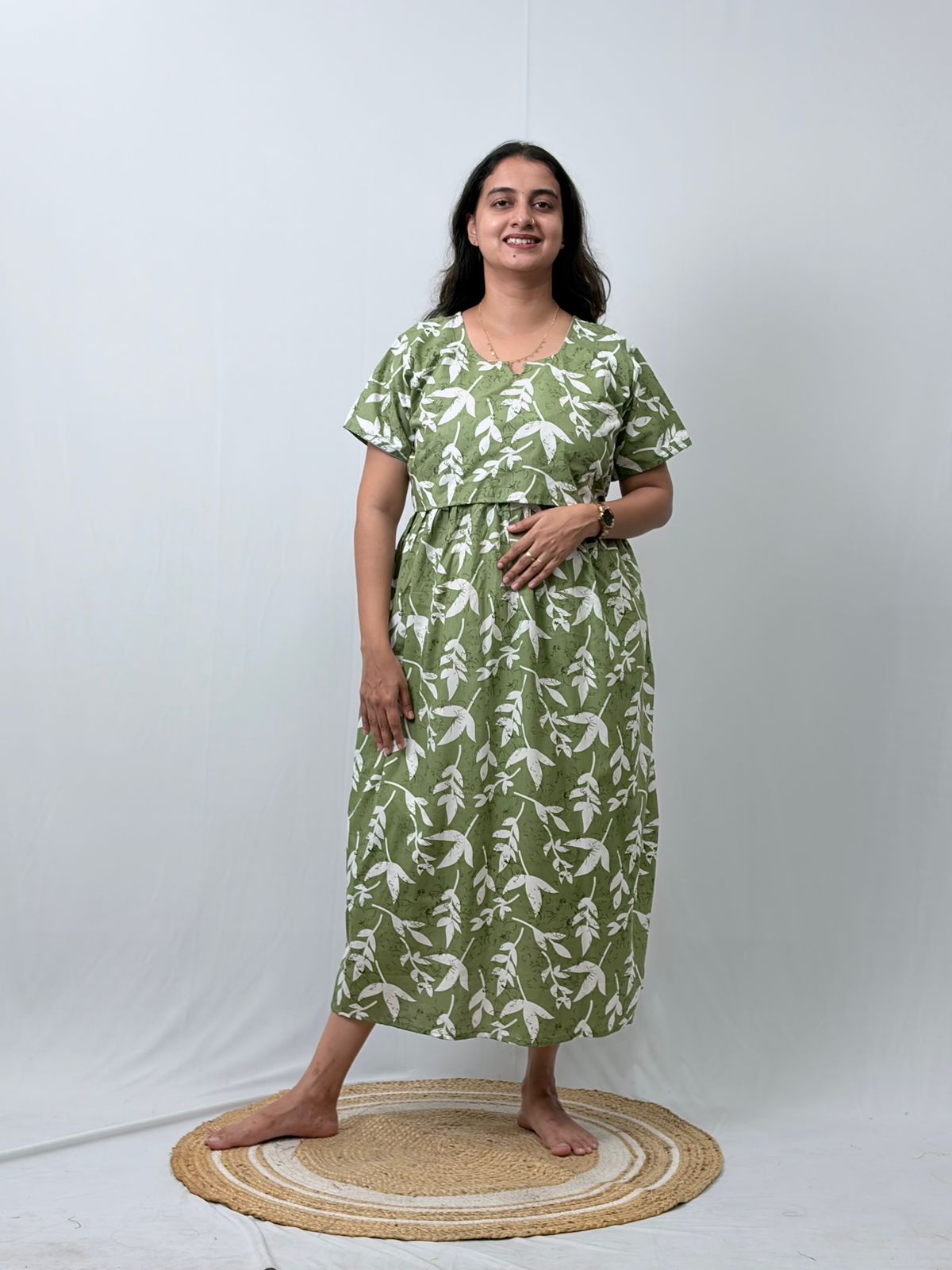 Green Leaf Printed Premium Cotton Buttonless Zipless Short Maternity Nighty | Free Size | Chest Width 44″| Length 46″