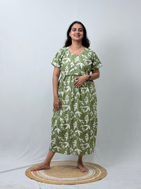 Green Leaf Printed Premium Cotton Buttonless Zipless Short Maternity Nighty | Free Size | Chest Width 44″| Length 46″