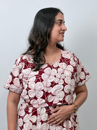 Maroon And White Floral Printed Premium Cotton Buttonless Zipless Short Maternity Nighty | Free Size | Chest Width 44″| Length 46″