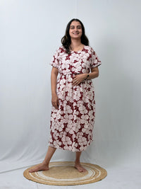 Maroon And White Floral Printed Premium Cotton Buttonless Zipless Short Maternity Nighty | Free Size | Chest Width 44″| Length 46″