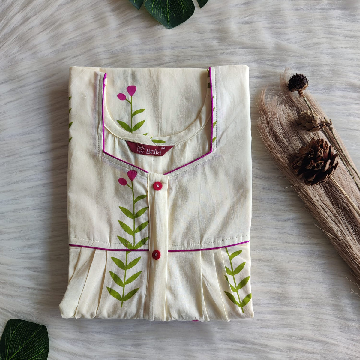 Pink Blossom Printed Premium Cotton Button Zip Nighty | Free Size | Chest Width 44″| Length 55″-56″