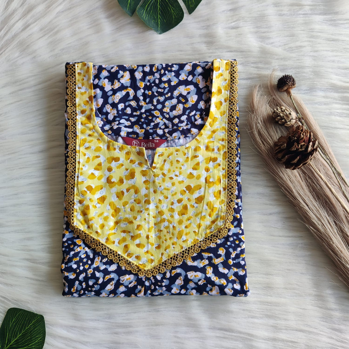 Yellow And Navy Blue Printed Premium Cotton Mix N Match Lace Pocket Nighty | Free Size | Chest Width 44″| Length 56″