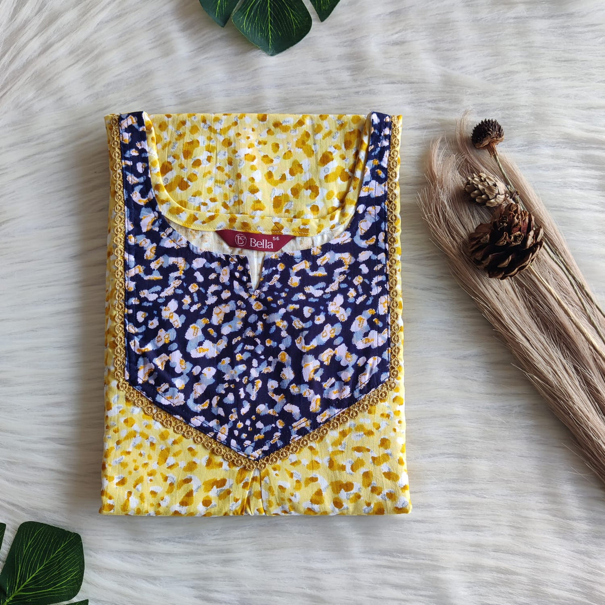 Navy Blue And Yellow Printed Premium Cotton Mix N Match Lace Pocket Nighty | Free Size | Chest Width 44″| Length 56″