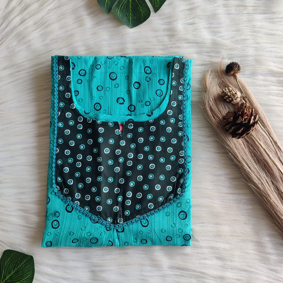Dark And Pale Green Printed Premium Cotton Mix N Match Lace Pocket Nighty | Free Size | Chest Width 44″| Length 56″