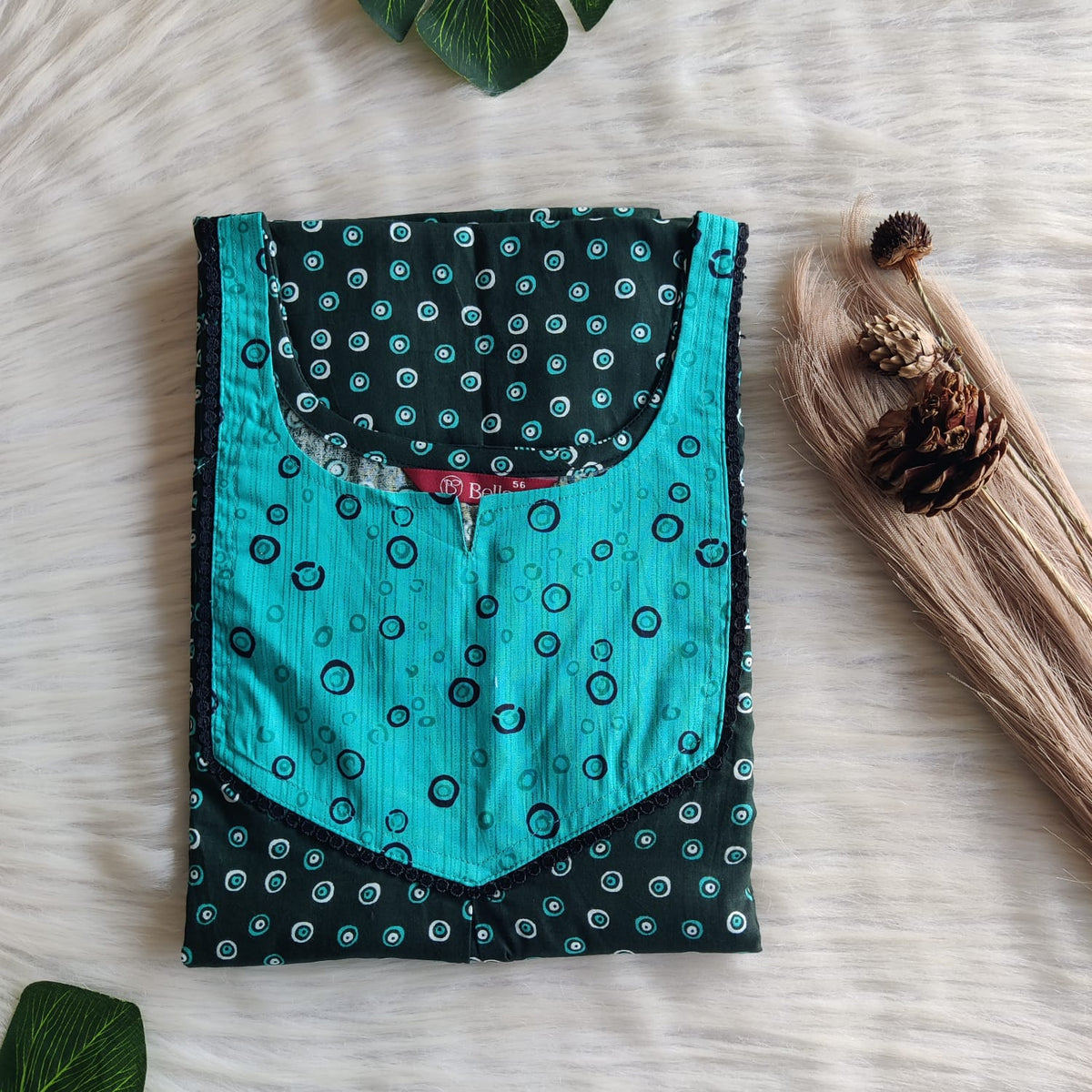 Pale And Dark Green Printed Premium Cotton Mix N Match Lace Pocket Nighty | Free Size | Chest Width 44″| Length 56″