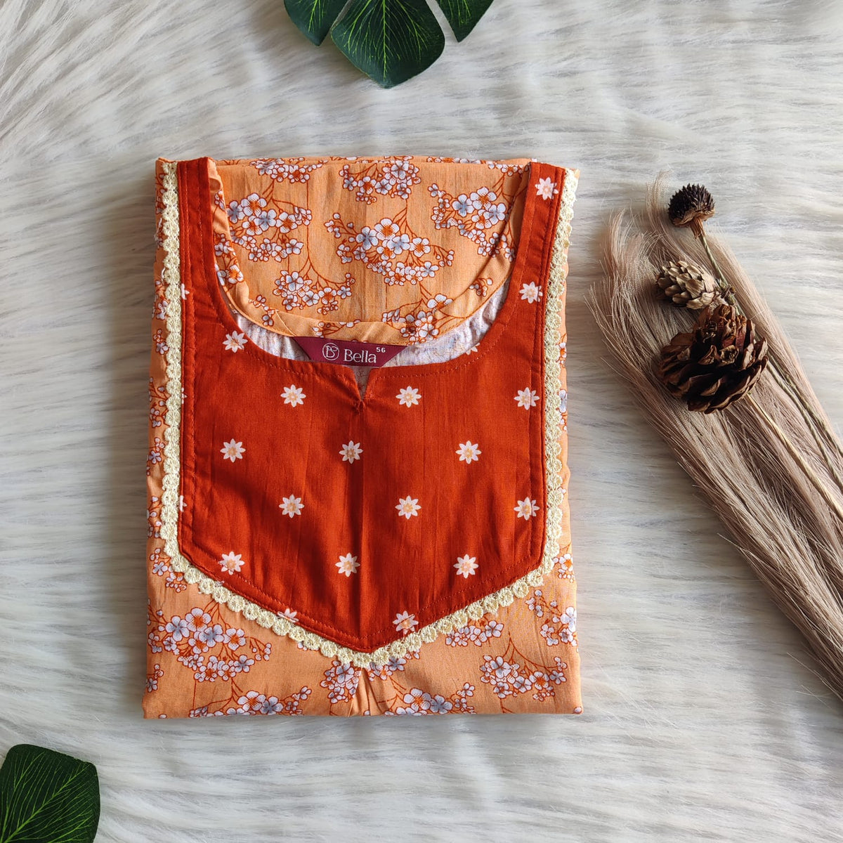Brown And Orange Printed Premium Cotton Mix N Match Lace Pocket Nighty | Free Size | Chest Width 44″| Length 56″