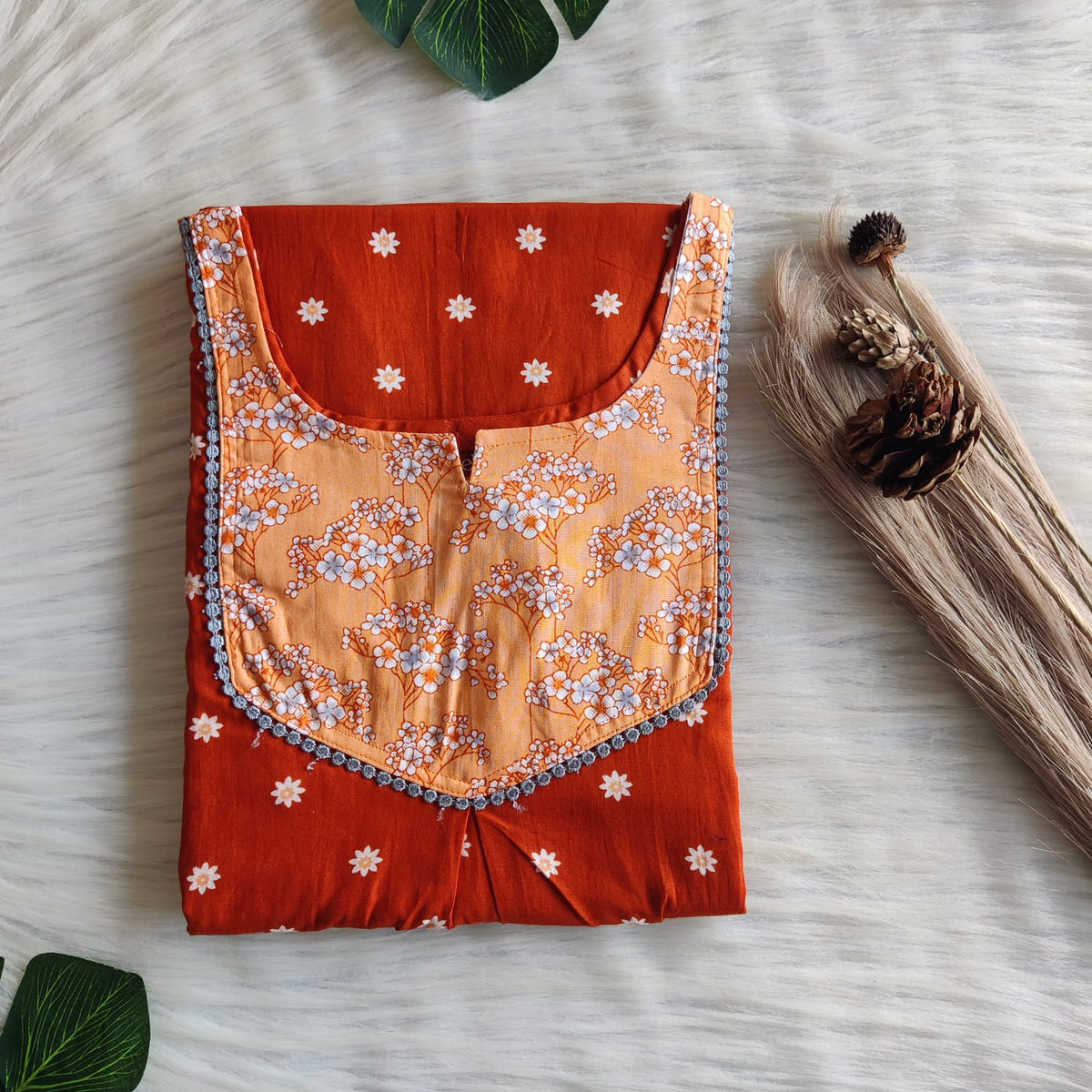 Orange And Brown Printed Premium Cotton Mix N Match Lace Pocket Nighty | Free Size | Chest Width 44″| Length 56″