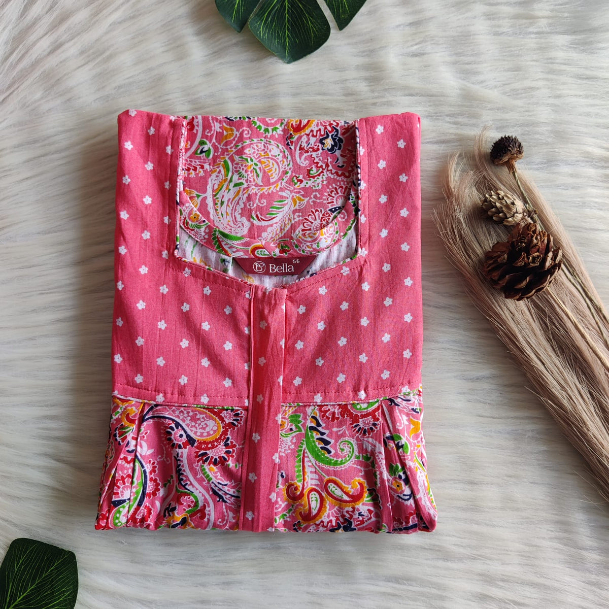 Peach And Green Printed Premium Cotton Pleated Vertical Zip Feeding Nighty | Free Size | Chest Width 44″| Length 54″-56″