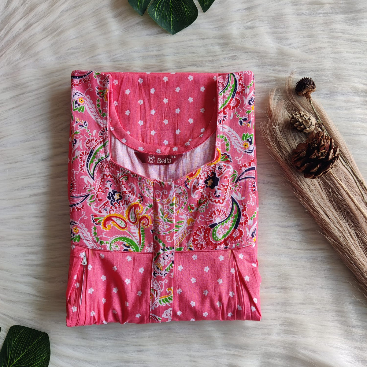Green And Peach Printed Premium Cotton Pleated Vertical Zip Feeding Nighty | Free Size | Chest Width 44″| Length 54″-56″