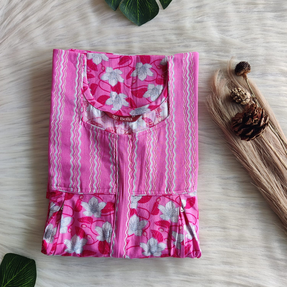 Pink And White Floral Printed Premium Cotton Pleated Vertical Zip Feeding Nighty | Free Size | Chest Width 44″| Length 54″-56″