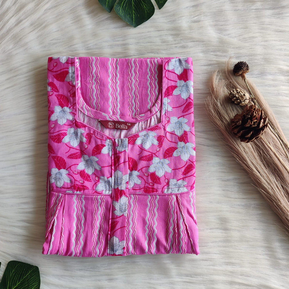 White And Pink Printed Premium Cotton Pleated Vertical Zip Feeding Nighty | Free Size | Chest Width 44″| Length 54″-56″