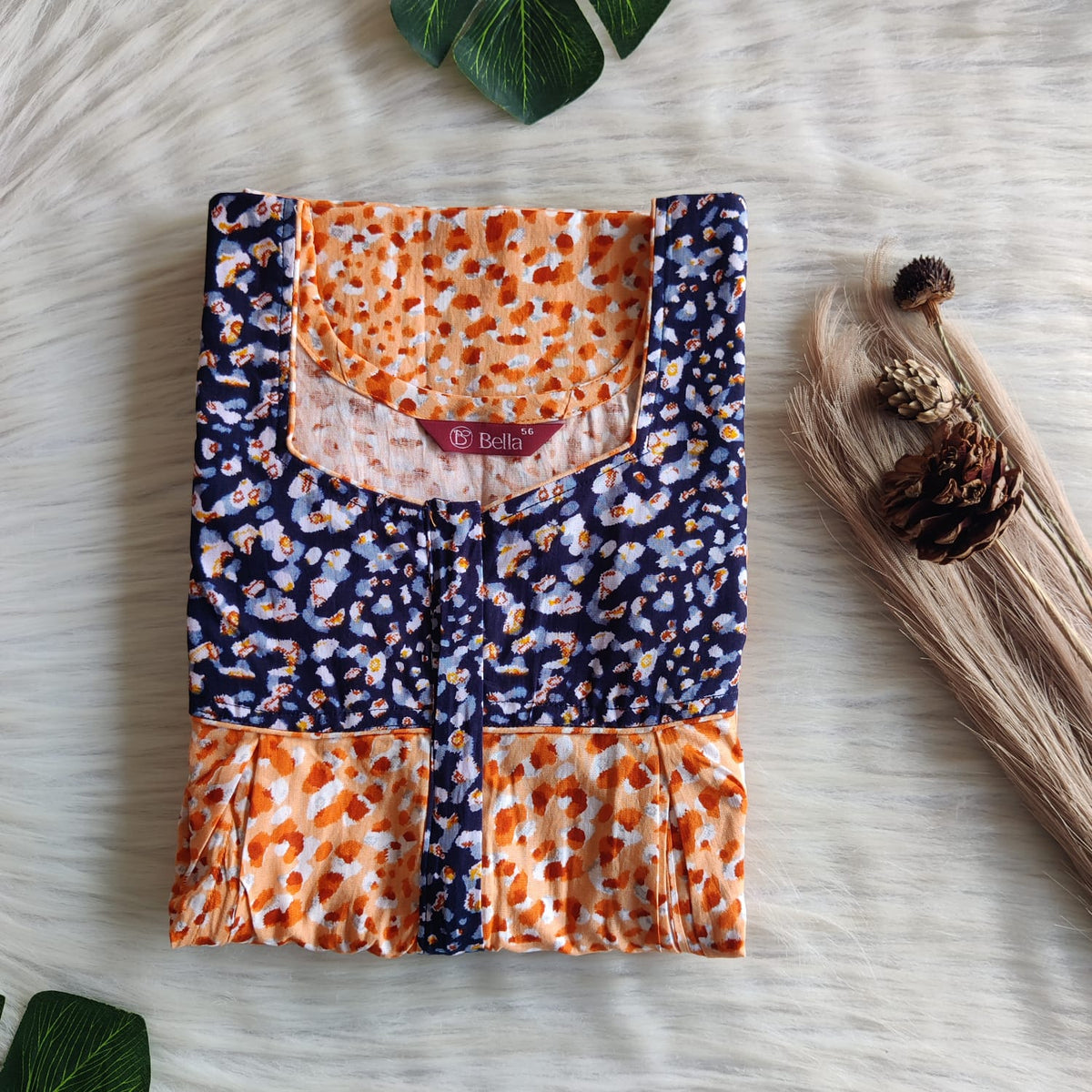 Navy Blue And Orange Printed Premium Cotton Pleated Vertical Zip Feeding Nighty | Free Size | Chest Width 44″| Length 54″-56″