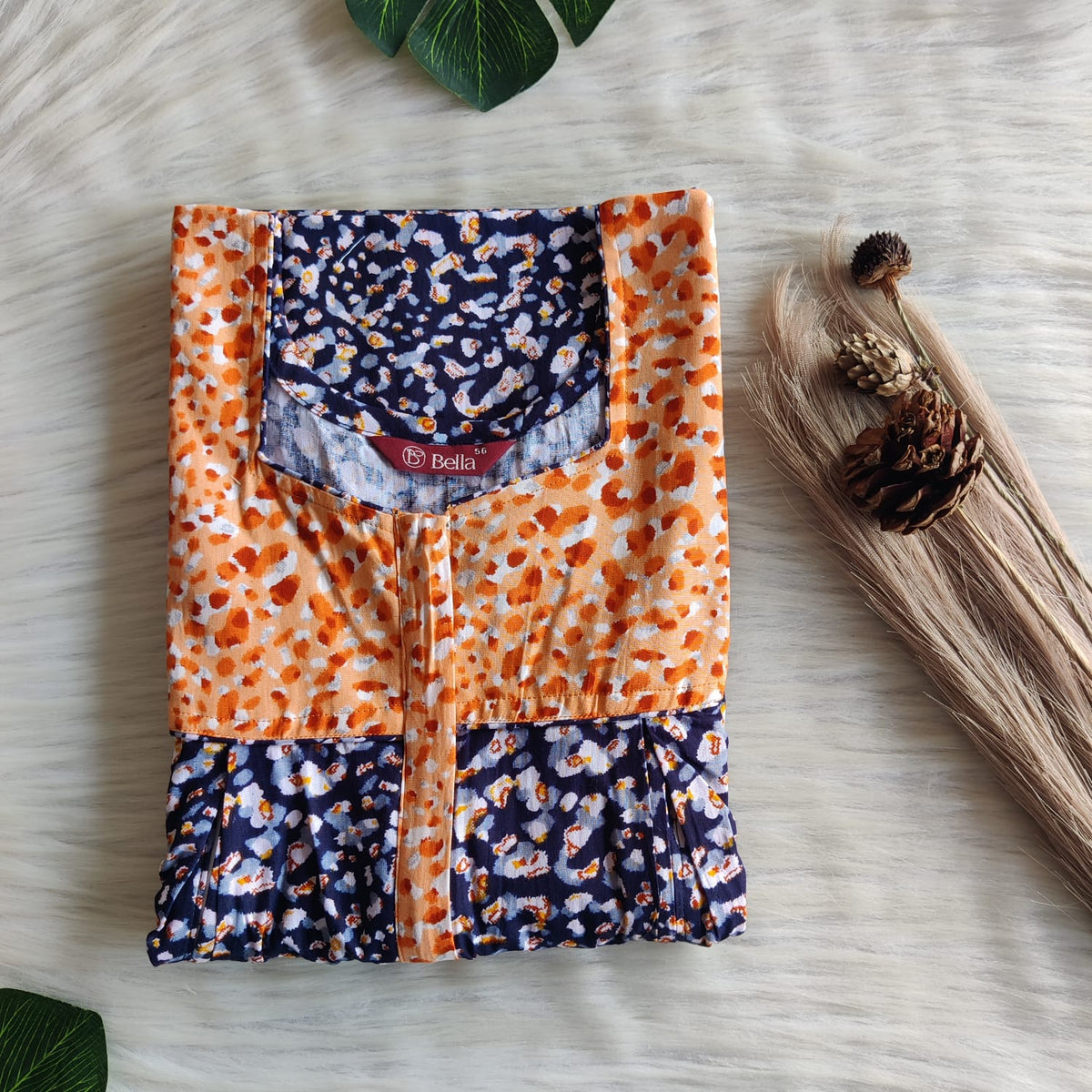 Orange And Navy Blue Printed Premium Cotton Pleated Vertical Zip Feeding Nighty | Free Size | Chest Width 44″| Length 54″-56″