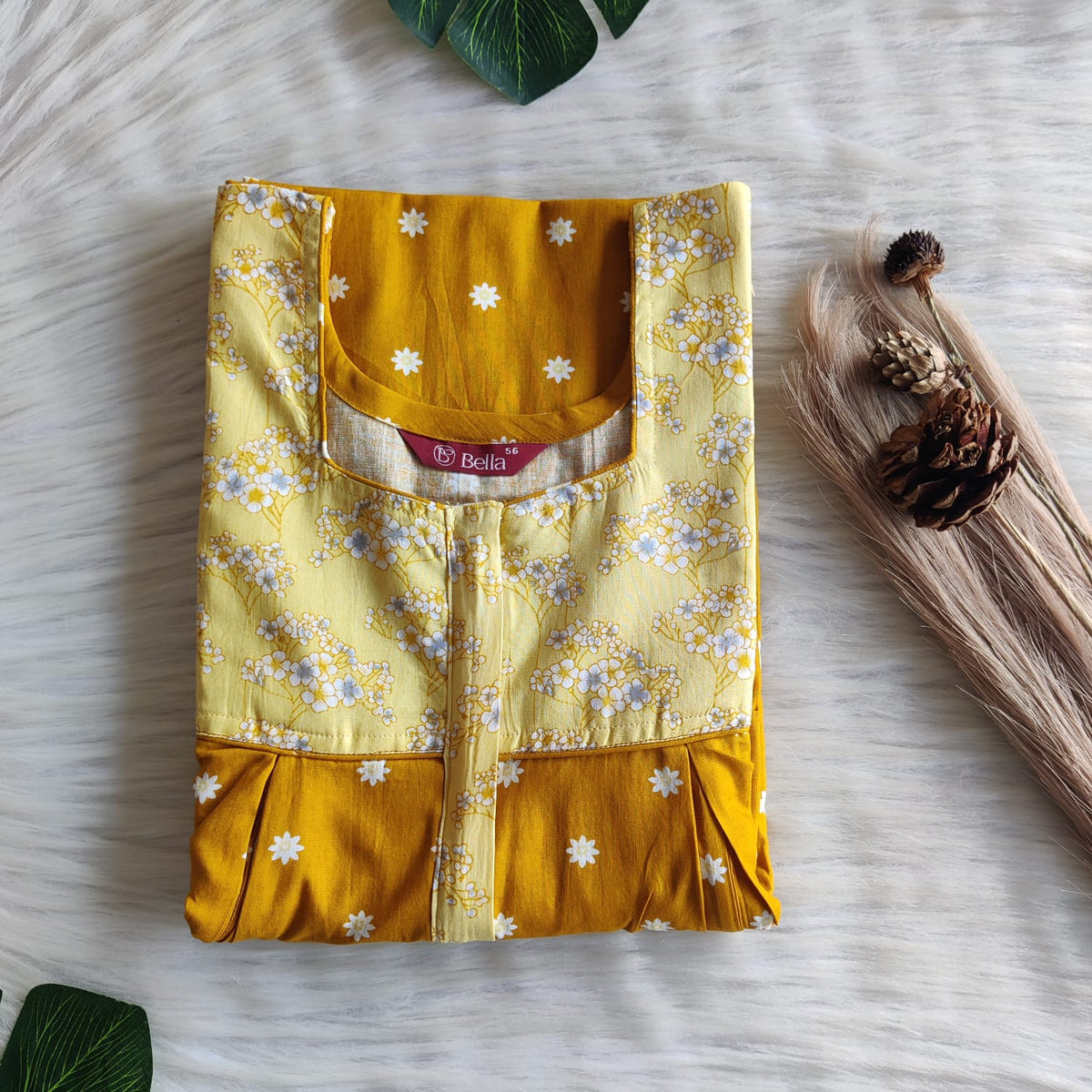 Pale And Dark Mustard Yellow Printed Premium Cotton Pleated Vertical Zip Feeding Nighty | Free Size | Chest Width 44″| Length 54″-56″