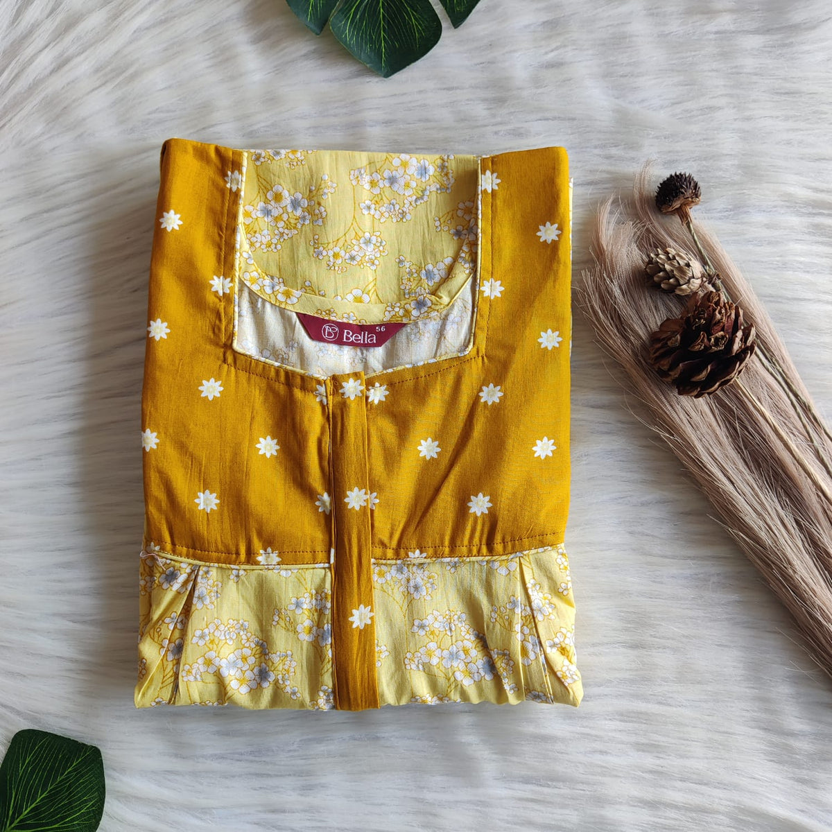 Dark And Pale Mustard Yellow Printed Premium Cotton Pleated Vertical Zip Feeding Nighty | Free Size | Chest Width 44″| Length 54″-56″