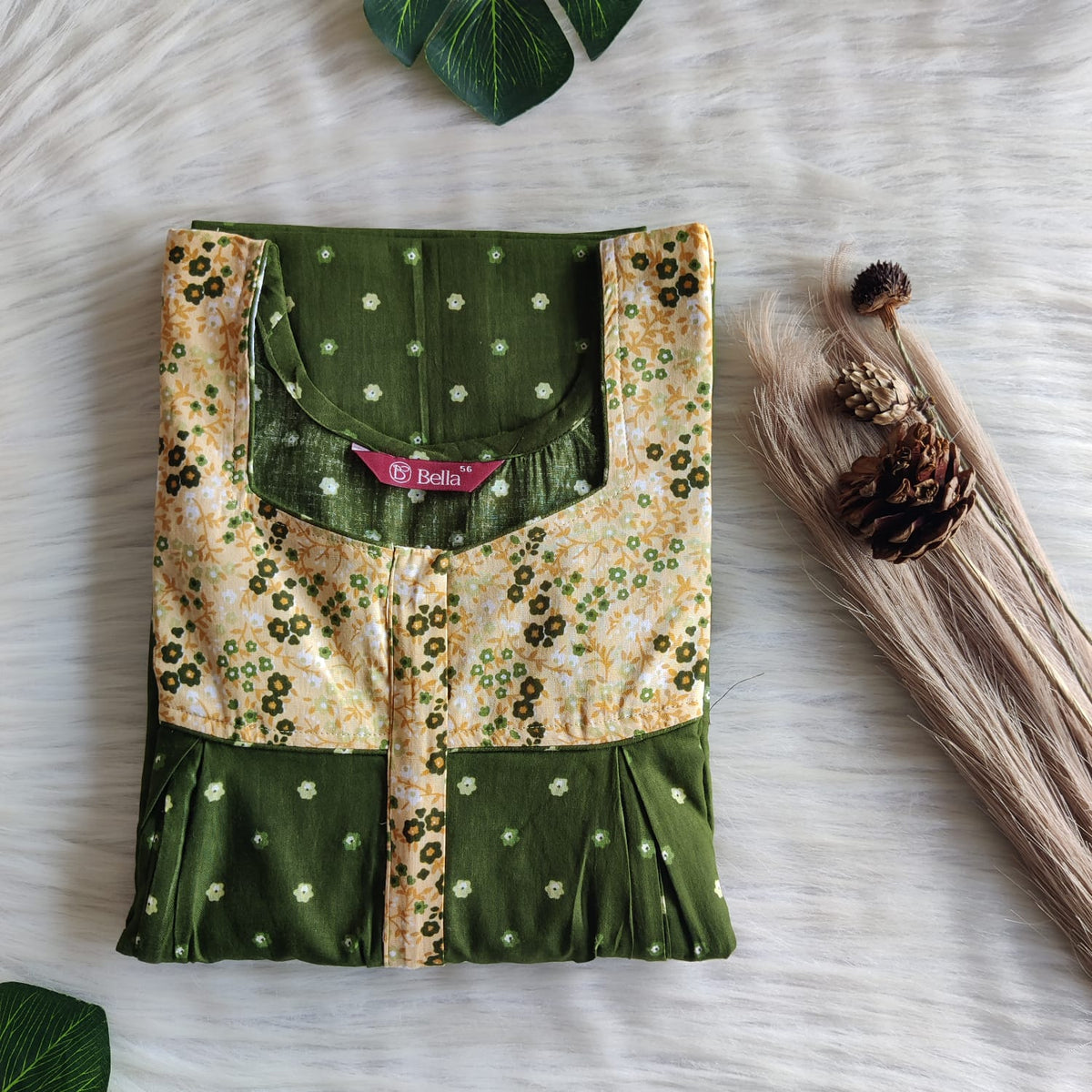 Yellow And Green Printed Premium Cotton Pleated Vertical Zip Feeding Nighty | Free Size | Chest Width 44″| Length 54″-56″