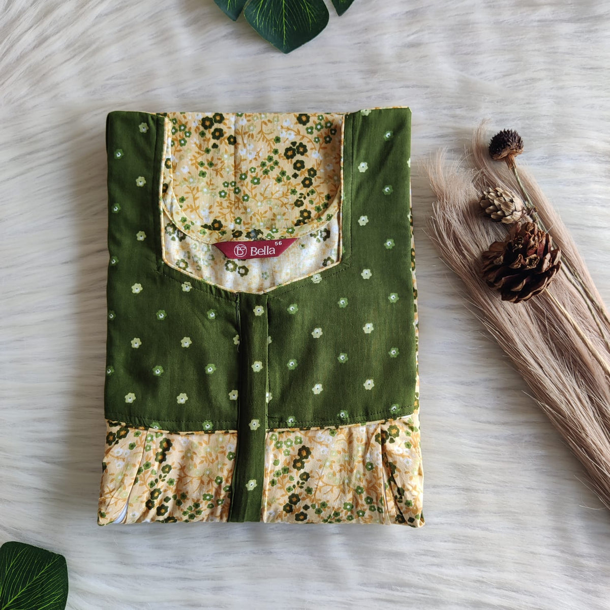 Green And Yellow Printed Premium Cotton Pleated Vertical Zip Feeding Nighty | Free Size | Chest Width 44″| Length 54″-56″