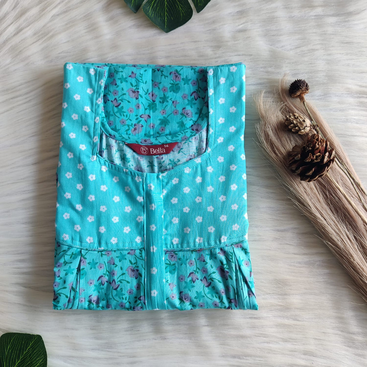 Blue And Grey Floral Printed Premium Cotton Pleated Vertical Zip Feeding Nighty | Free Size | Chest Width 44″| Length 54″-56″