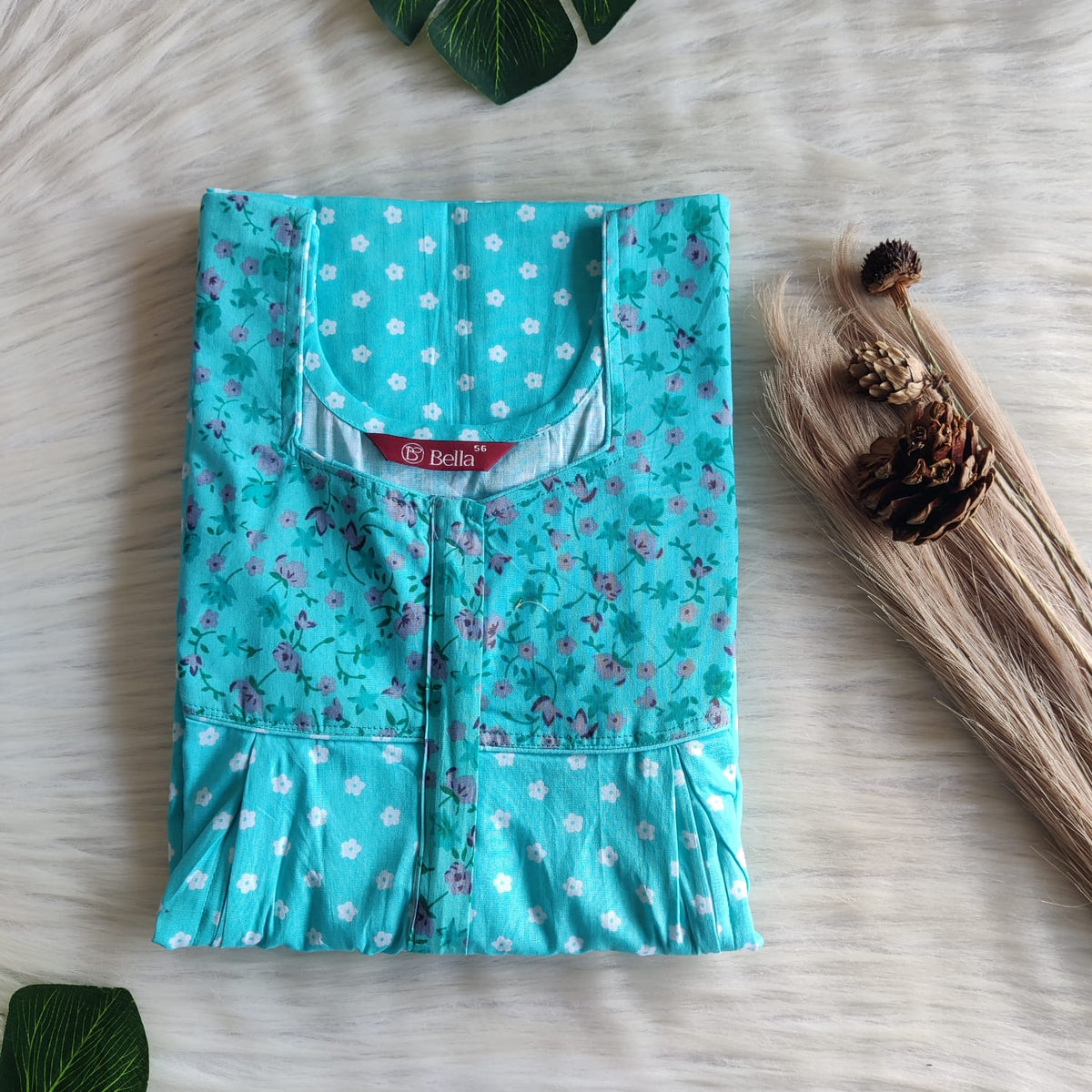 Grey And Blue Printed Premium Cotton Pleated Vertical Zip Feeding Nighty | Free Size | Chest Width 44″| Length 54″-56″