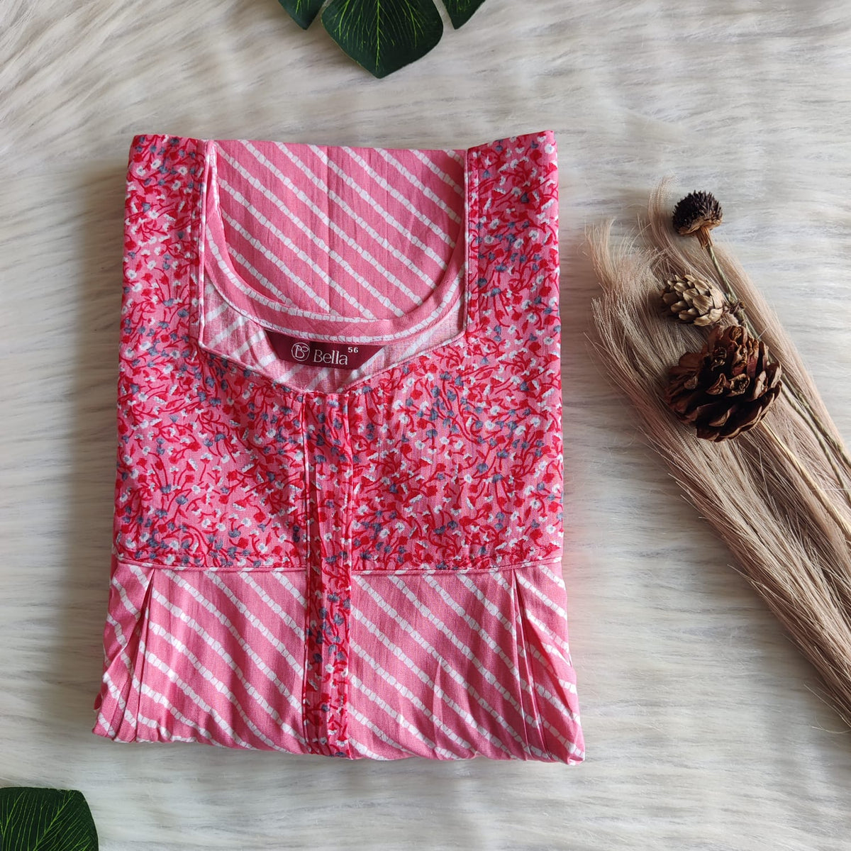 Red And Peach Printed Premium Cotton Pleated Vertical Zip Feeding Nighty | Free Size | Chest Width 44″| Length 54″-56″