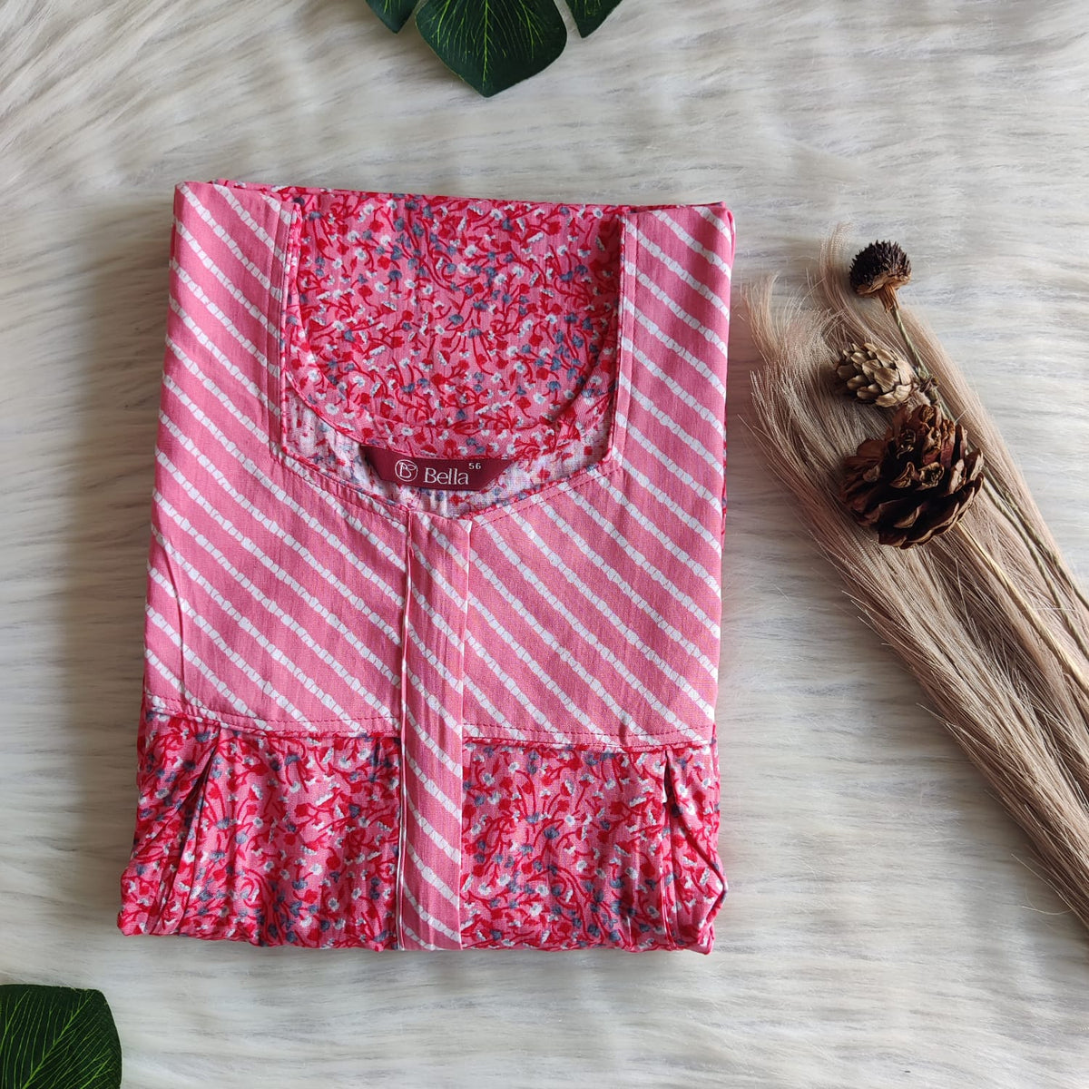 Peach And Red Printed Premium Cotton Pleated Vertical Zip Feeding Nighty | Free Size | Chest Width 44″| Length 54″-56″