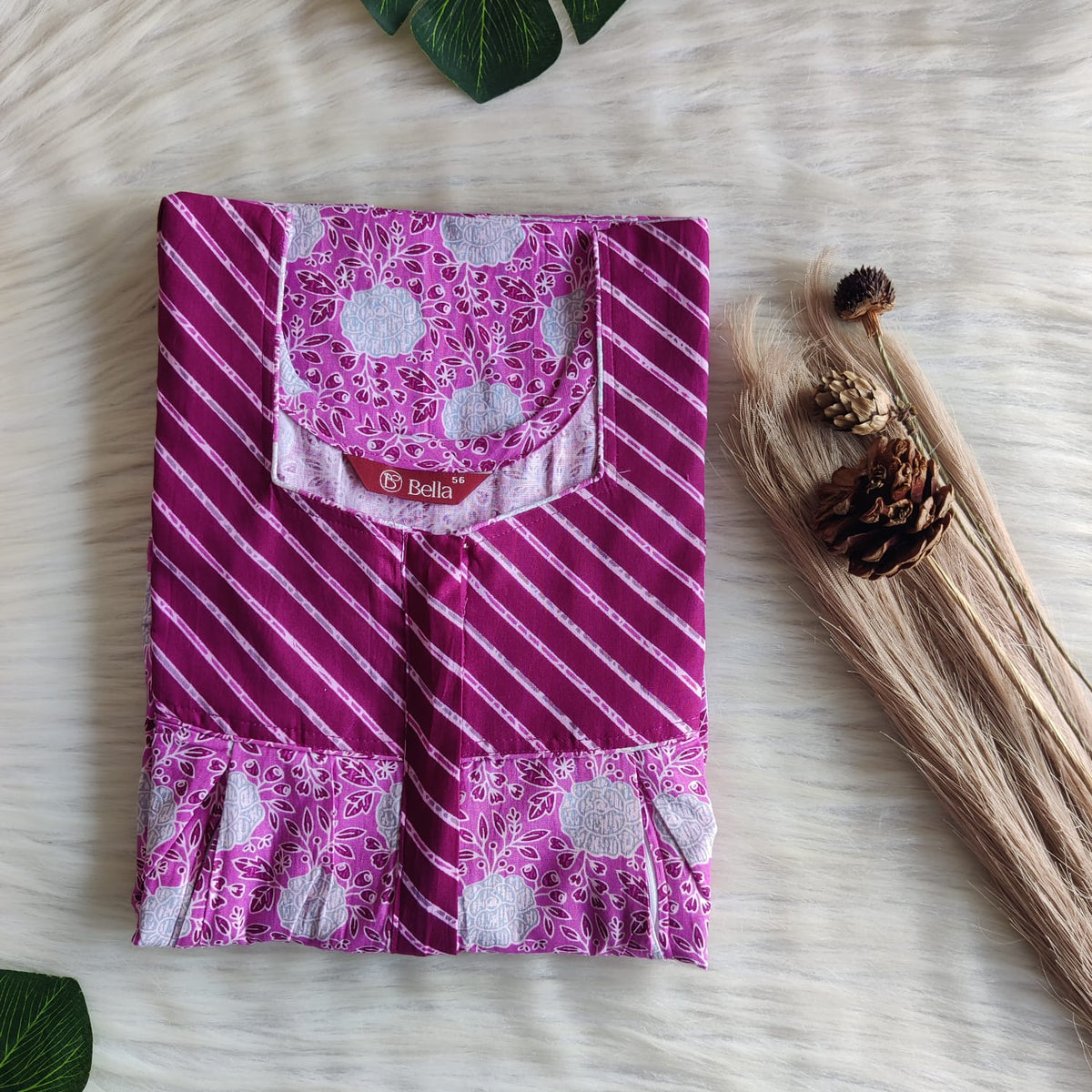 Dark And Pale Purple Printed Premium Cotton Pleated Vertical Zip Feeding Nighty | Free Size | Chest Width 44″| Length 54″-56″