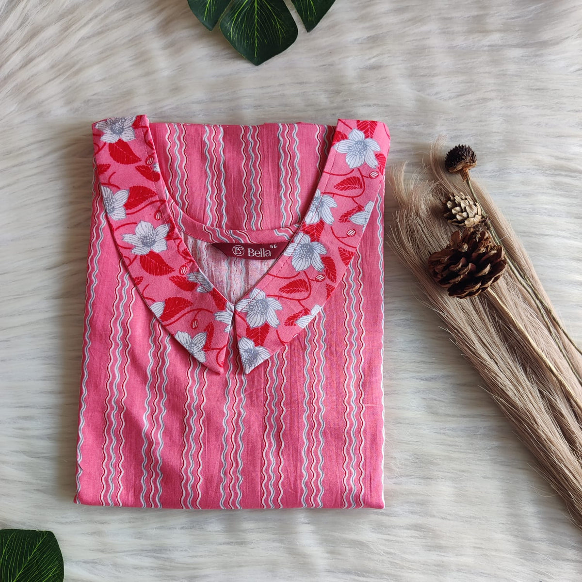White And Pink Printed Premium Cotton Peter Pan Collar Nighty | Free Size | Chest Width 44″| Length 55″-56″