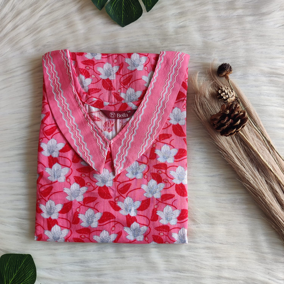 Pink And White Floral Printed Premium Cotton Peter Pan Collar Nighty | Free Size | Chest Width 44″| Length 55″-56″