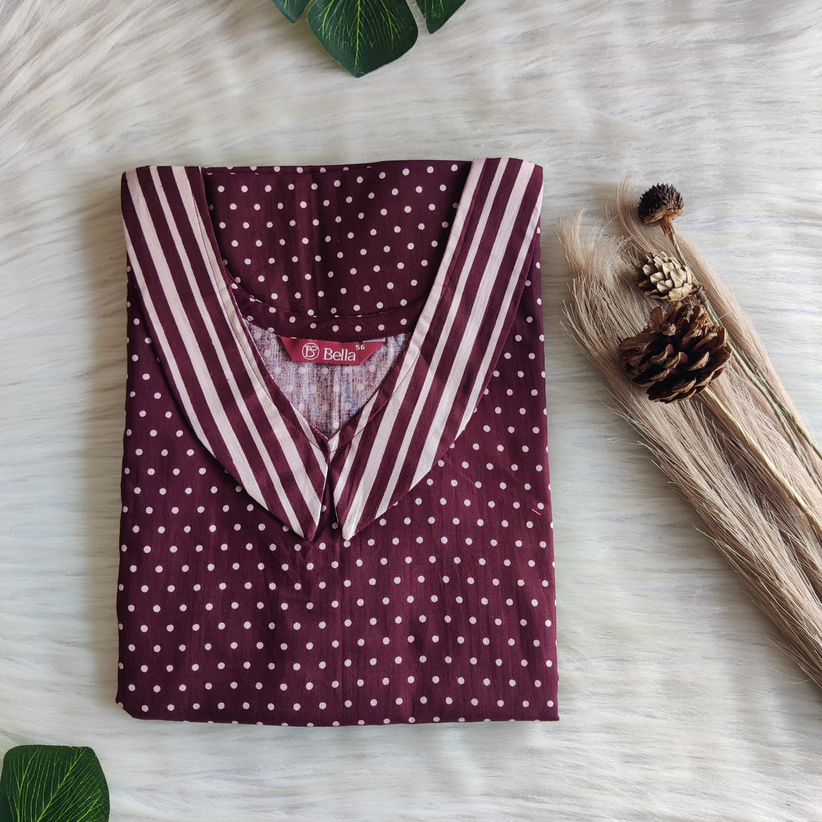 Beige And Coffee Brown Printed Premium Cotton Peter Pan Collar Nighty | Free Size | Chest Width 44″| Length 55″-56″