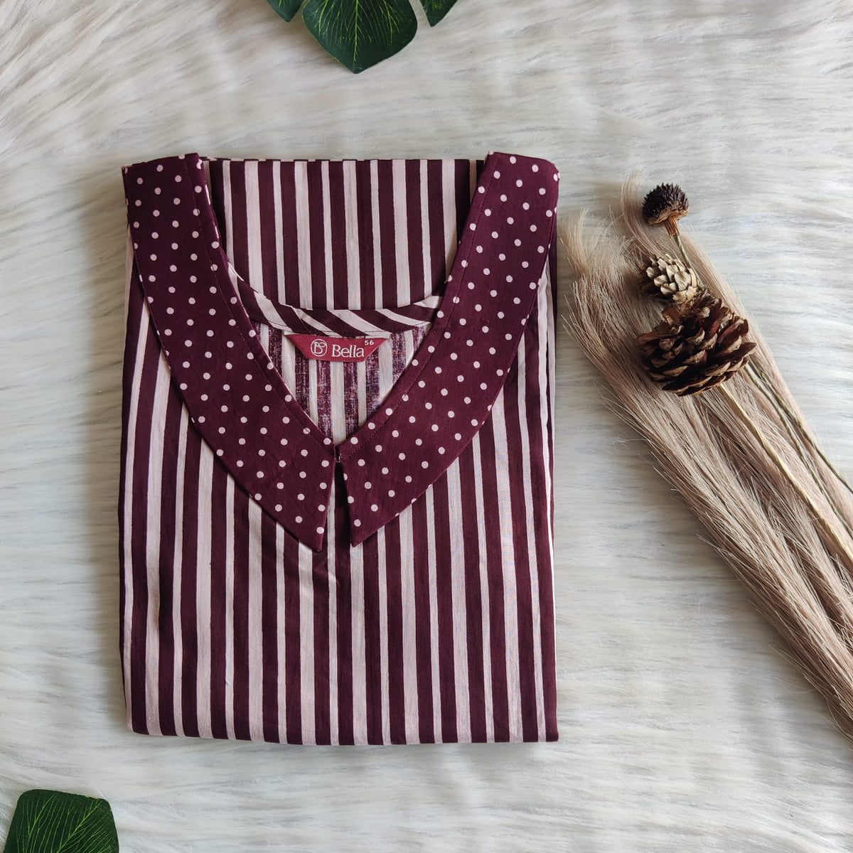 Coffee Brown And Beige Stripes Printed Premium Cotton Peter Pan Collar Nighty | Free Size | Chest Width 44″| Length 55″-56″