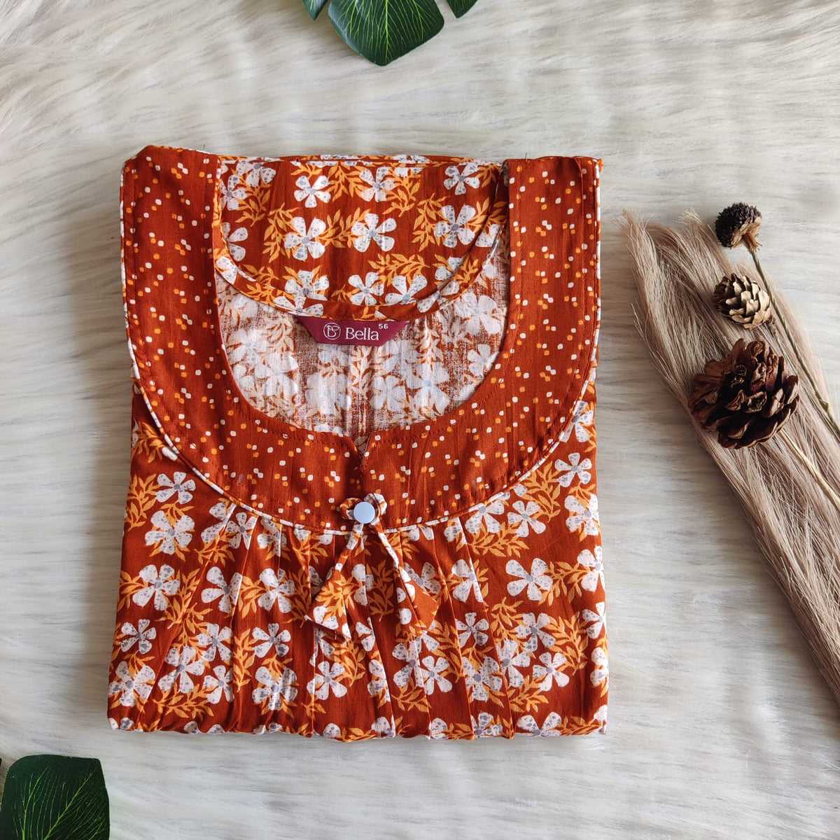 Brown And White Floral Printed Premium Cotton No Zip Pleated Nighty | Free Size | Chest Width 44″| Length 55″-56″