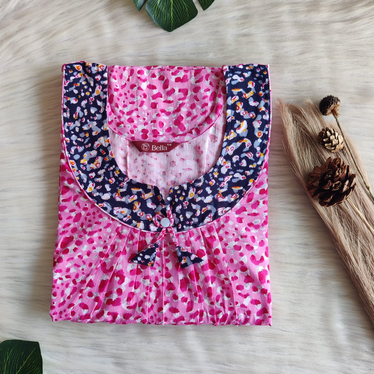 Navy Blue And Pink Printed Premium Cotton No Zip Pleated Nighty | Free Size | Chest Width 44″| Length 55″-56″