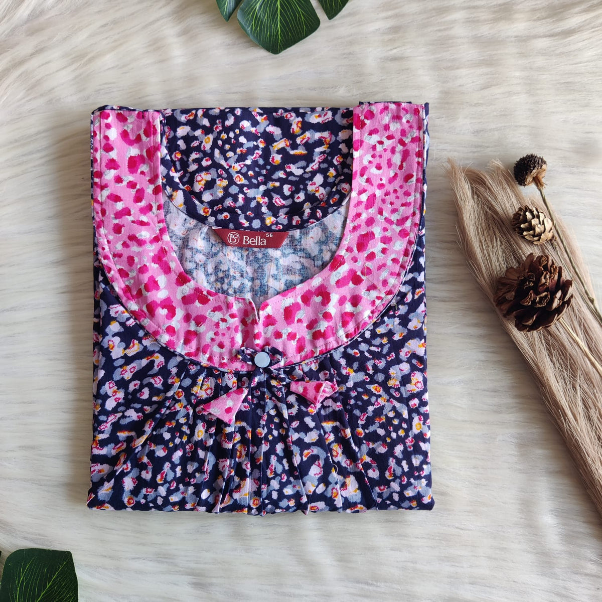 Pink And Navy Blue Printed Premium Cotton No Zip Pleated Nighty | Free Size | Chest Width 44″| Length 55″-56″