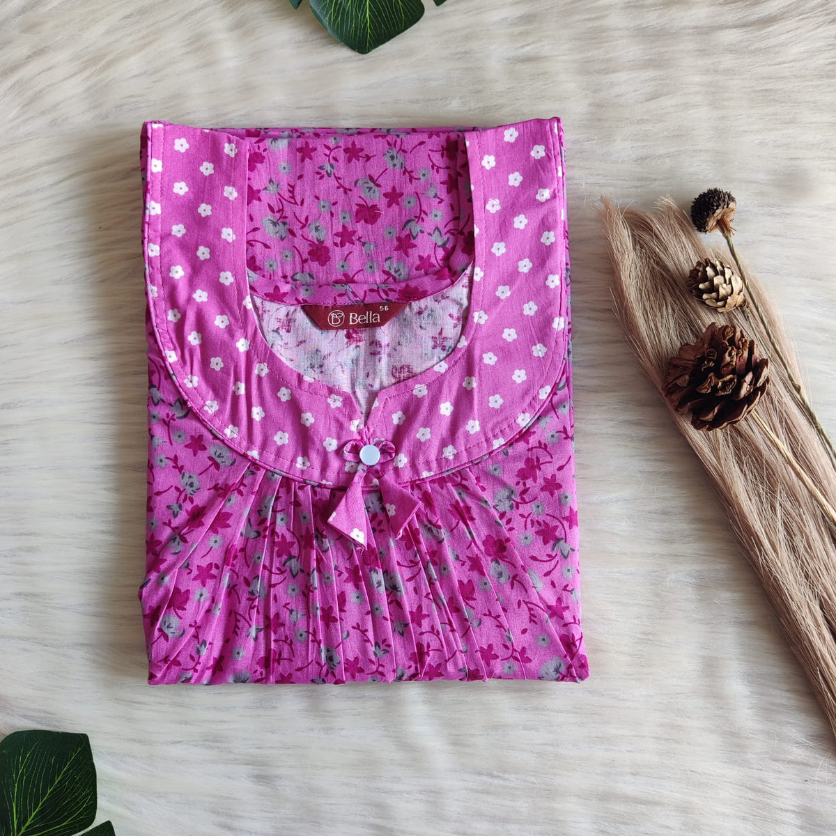 Pink And Grey Printed Premium Cotton No Zip Pleated Nighty | Free Size | Chest Width 44″| Length 55″-56″