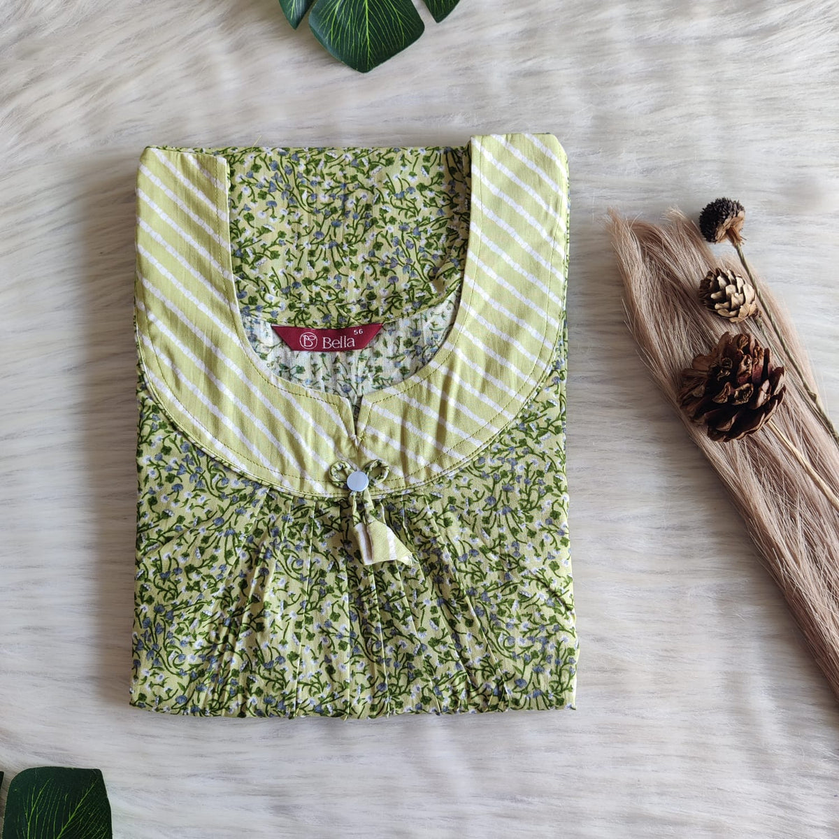 Pale And Dark Green Printed Premium Cotton No Zip Pleated Nighty | Free Size | Chest Width 44″| Length 55″-56″