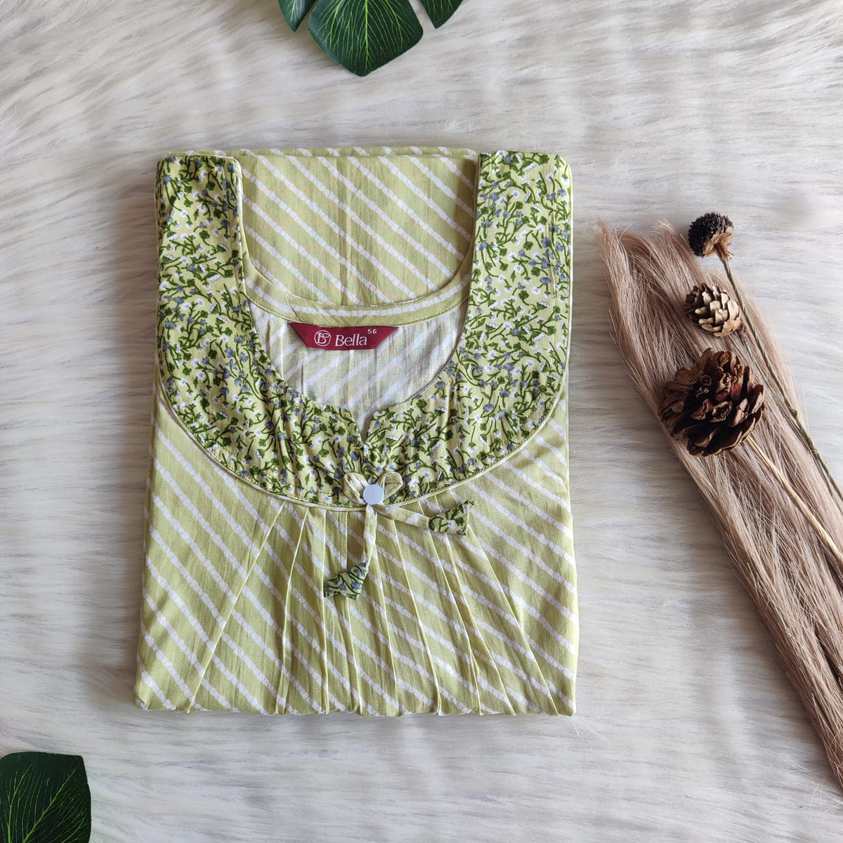 Dark And Pale Green Printed Premium Cotton No Zip Pleated Nighty | Free Size | Chest Width 44″| Length 55″-56″