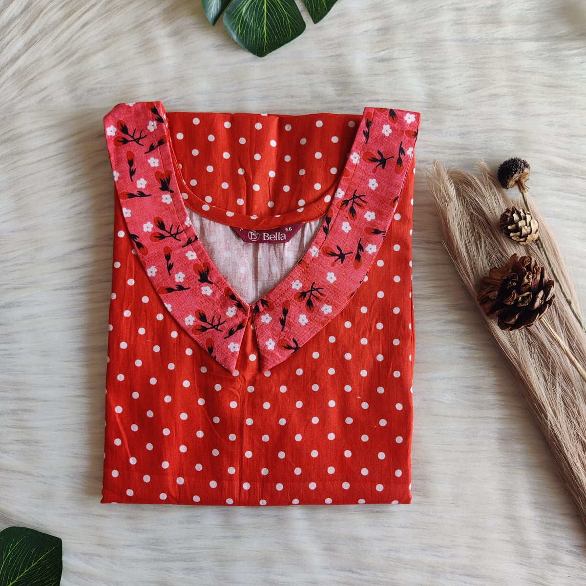 Peach And Red Dot Printed Premium Cotton Peter Pan Collar Nighty | Free Size | Chest Width 44″| Length 55″-56″