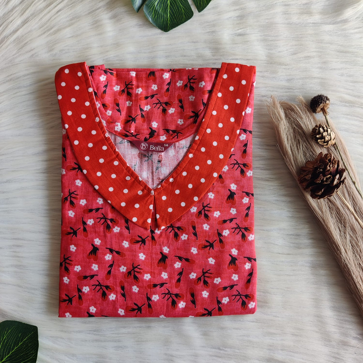 Red And Peach Floral Printed Premium Cotton Peter Pan Collar Nighty | Free Size | Chest Width 44″| Length 55″-56″