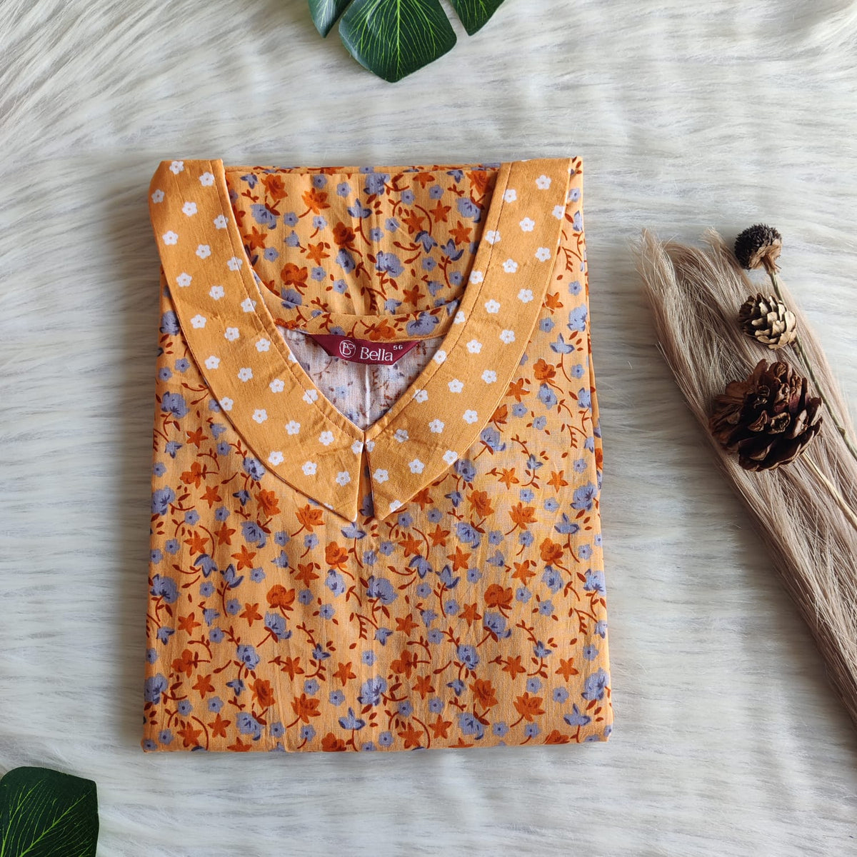 Orange And Grey Floral Printed Premium Cotton Peter Pan Collar Nighty | Free Size | Chest Width 44″| Length 55″-56″