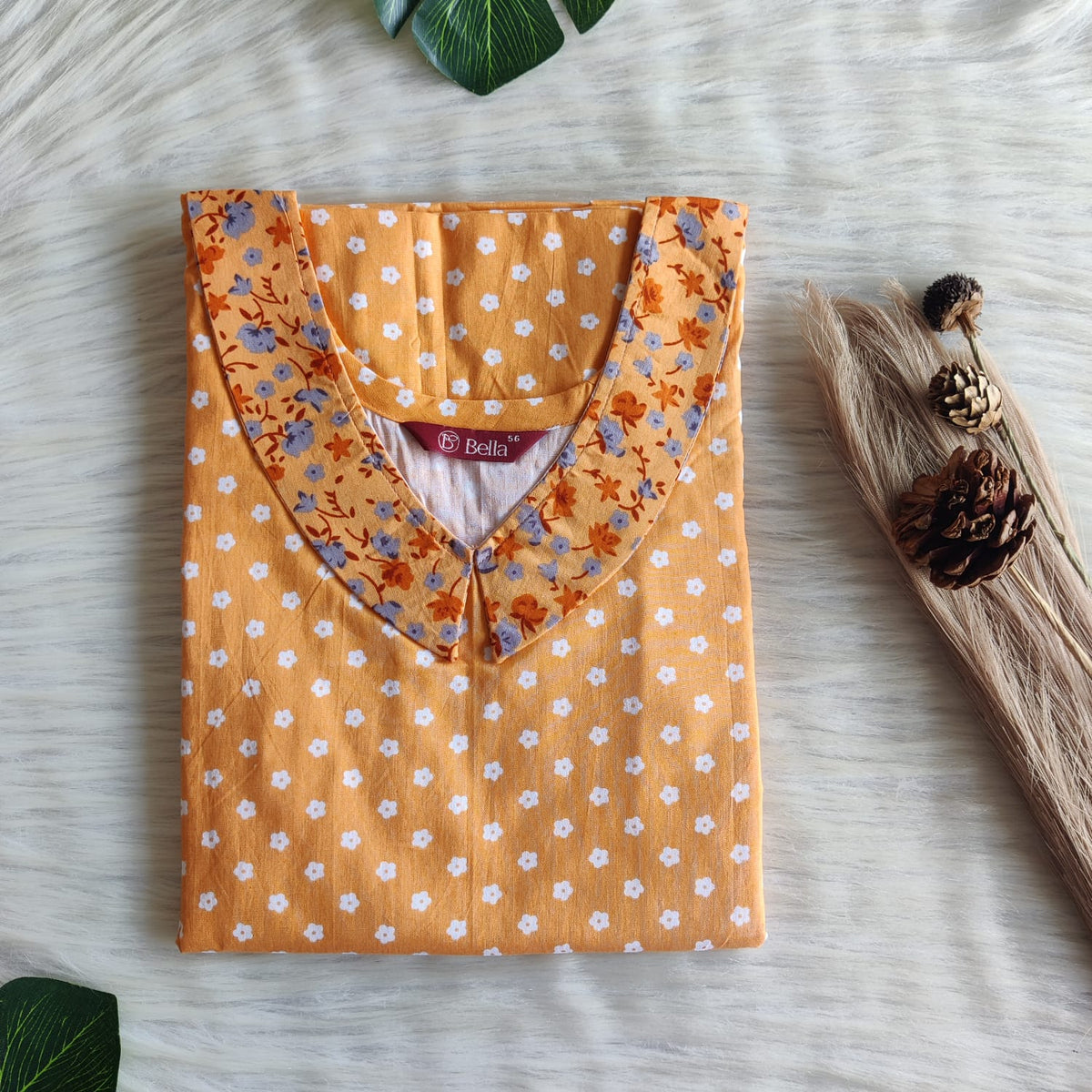Grey And Orange Floral Printed Premium Cotton Peter Pan Collar Nighty | Free Size | Chest Width 44″| Length 55″-56″