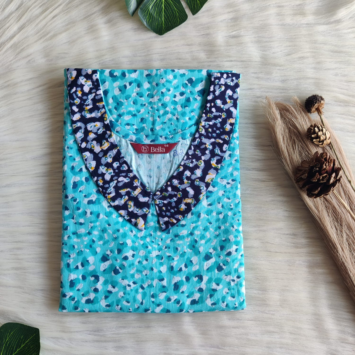 Dark And Pale Blue Printed Premium Cotton Peter Pan Collar Nighty | Free Size | Chest Width 44″| Length 55″-56″