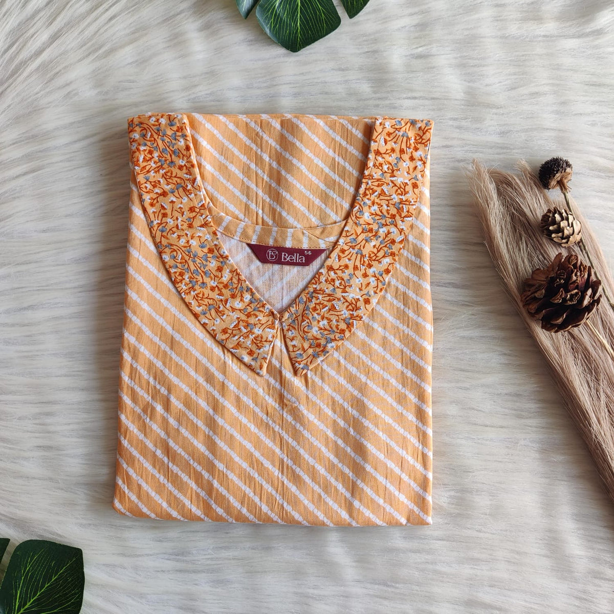 Brown And Orange Stripes Printed Premium Cotton Peter Pan Collar Nighty | Free Size | Chest Width 44″| Length 55″-56″