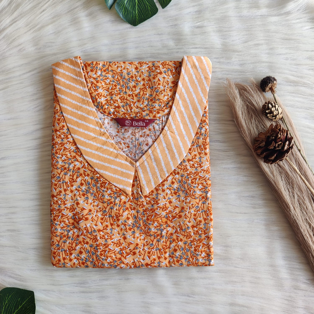 Orange And Brown Floral Printed Premium Cotton Peter Pan Collar Nighty | Free Size | Chest Width 44″| Length 55″-56″