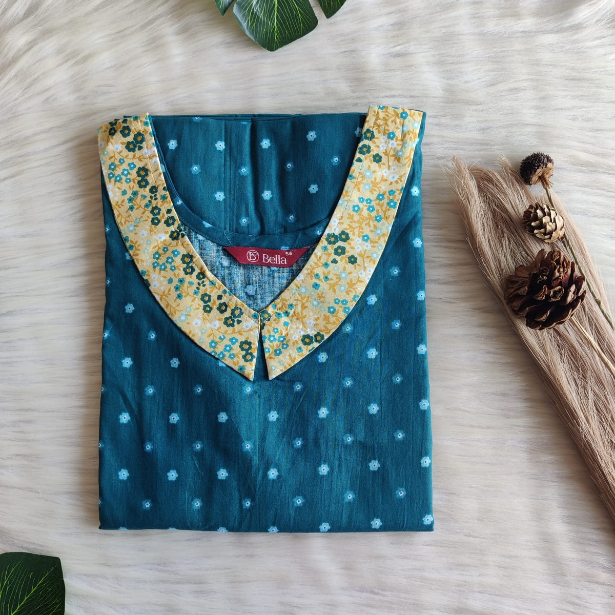 Yellow And Teal Blue Printed Premium Cotton Peter Pan Collar Nighty | Free Size | Chest Width 44″| Length 55″-56″